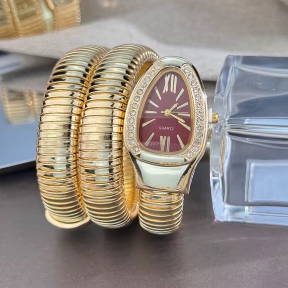 Anthropologie Accessories - Serpenti Snake Wrap Elegant Gold Women's Watch with Burgundy Dial